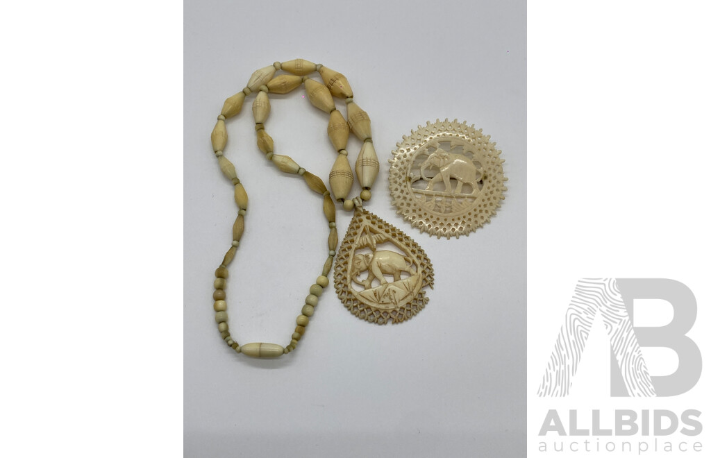 Carved Ivory Beads with Elephant Pendant and Carved Ivory Elephant Brooch