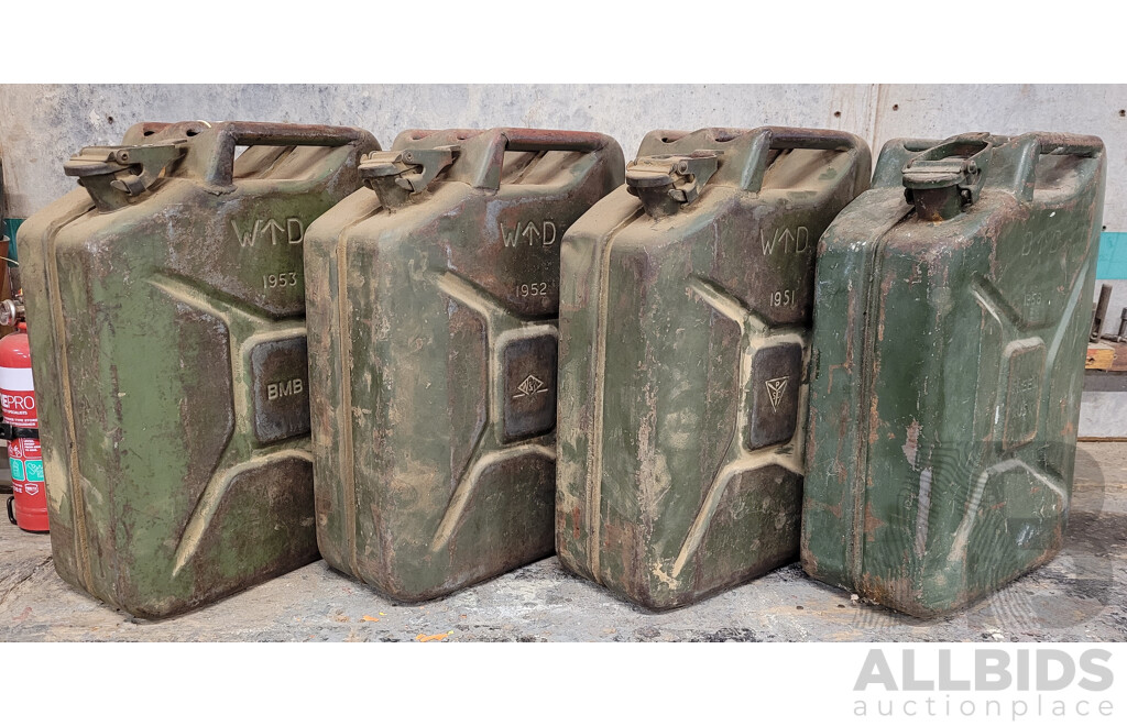 Collection of Four Vintage Jerry Cans Marked 1951, 1952, 1953, 1958