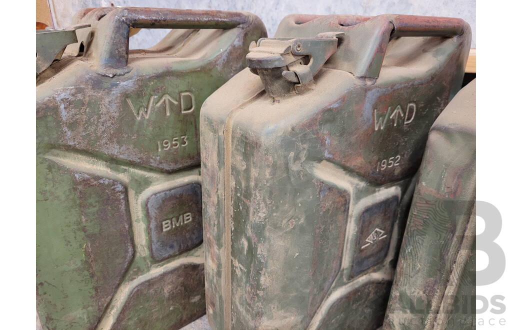 Collection of Four Vintage Jerry Cans Marked 1951, 1952, 1953, 1958