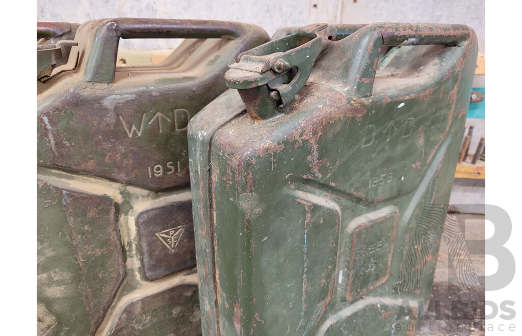 Collection of Four Vintage Jerry Cans Marked 1951, 1952, 1953, 1958