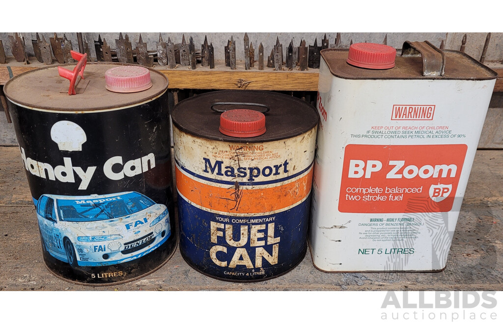 Shell Handy Can with Dick Johnson's Car, BP Zoom 2 Stroke Fuel Tin and Masport Fuel Can