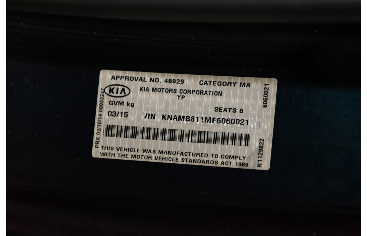 3/2015 Kia Carnival S YP MY15 4d Wagon Grey 3.3L V6