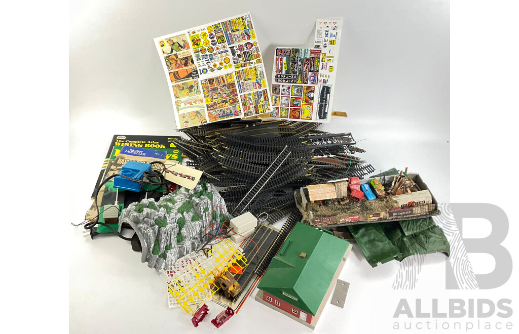 Collection of HO Scale Curved and Straight Track Pieces, Transformer, Scenery, Magazines and More
