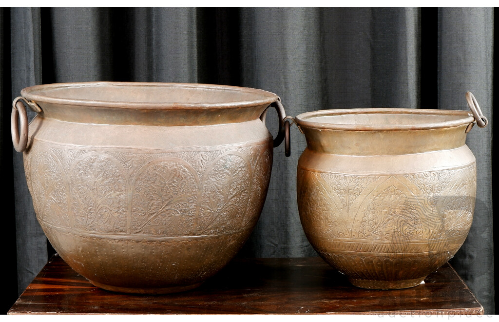 Pair of Pressed Copper Twin Handled Cauldrons