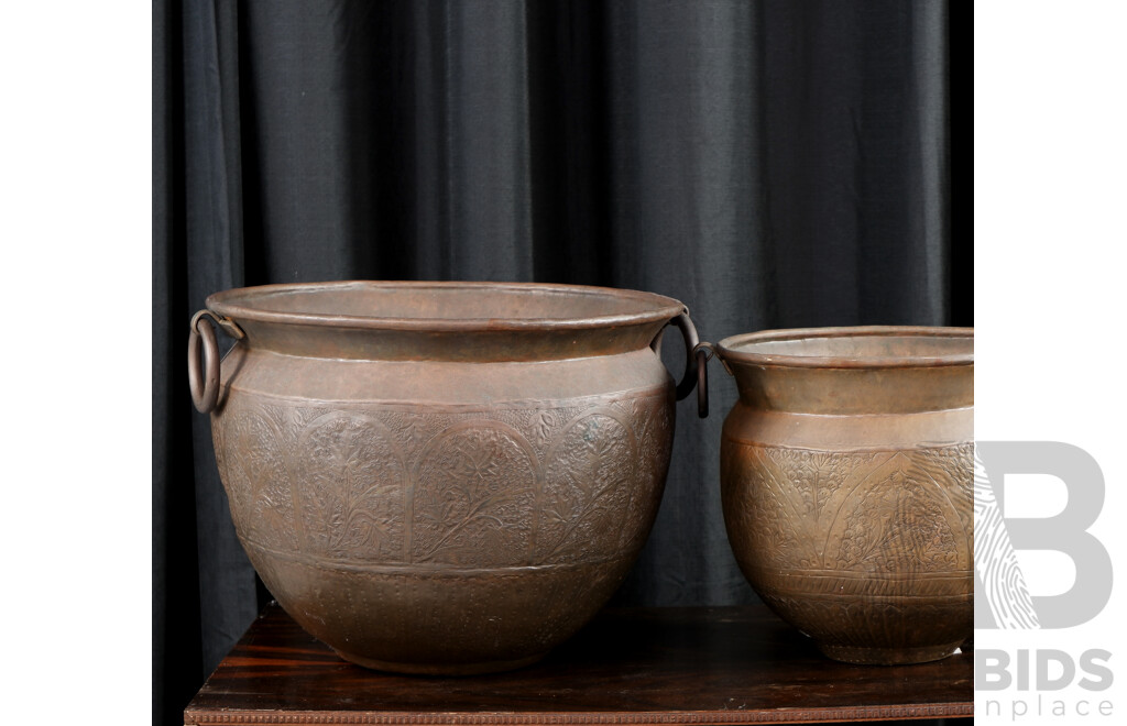 Pair of Pressed Copper Twin Handled Cauldrons