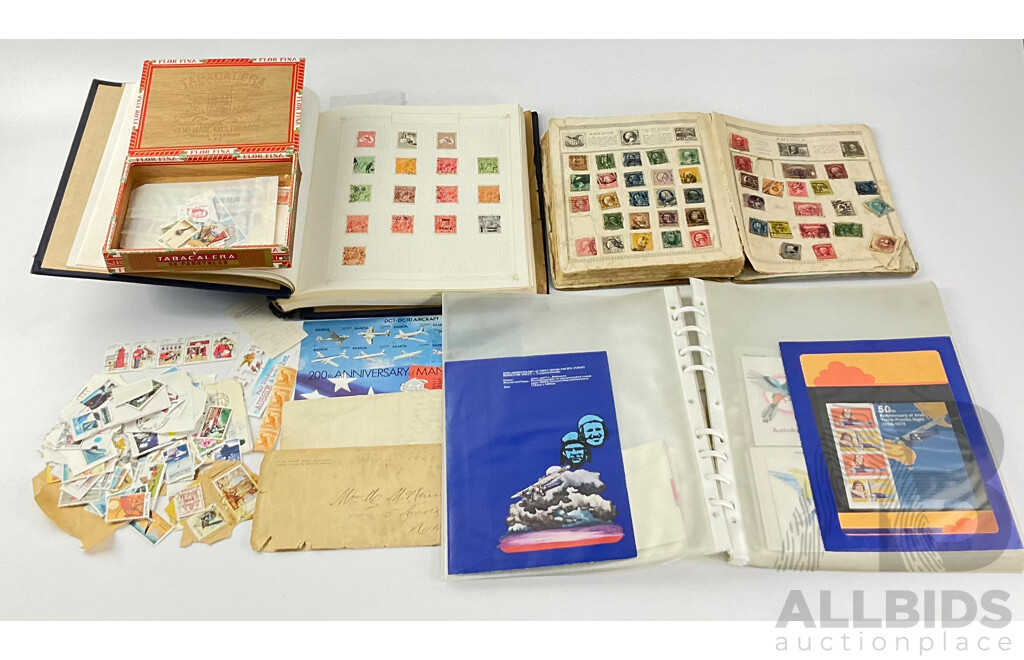 Collection of Australian and International Stamps Including Australian Predecimal, Cancelled, Mint, Strips and Blocks, First Day Issues, Europe, USA Cancelled Franklin, Lincoln, Washington, Webster, New York Post Marks, 1930 Pedigree Form and More