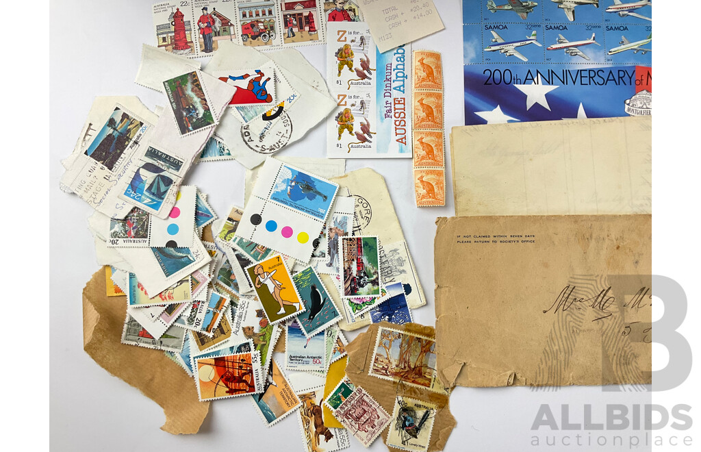 Collection of Australian and International Stamps Including Australian Predecimal, Cancelled, Mint, Strips and Blocks, First Day Issues, Europe, USA Cancelled Franklin, Lincoln, Washington, Webster, New York Post Marks, 1930 Pedigree Form and More