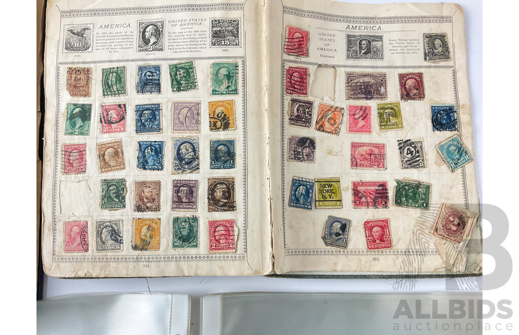 Collection of Australian and International Stamps Including Australian Predecimal, Cancelled, Mint, Strips and Blocks, First Day Issues, Europe, USA Cancelled Franklin, Lincoln, Washington, Webster, New York Post Marks, 1930 Pedigree Form and More