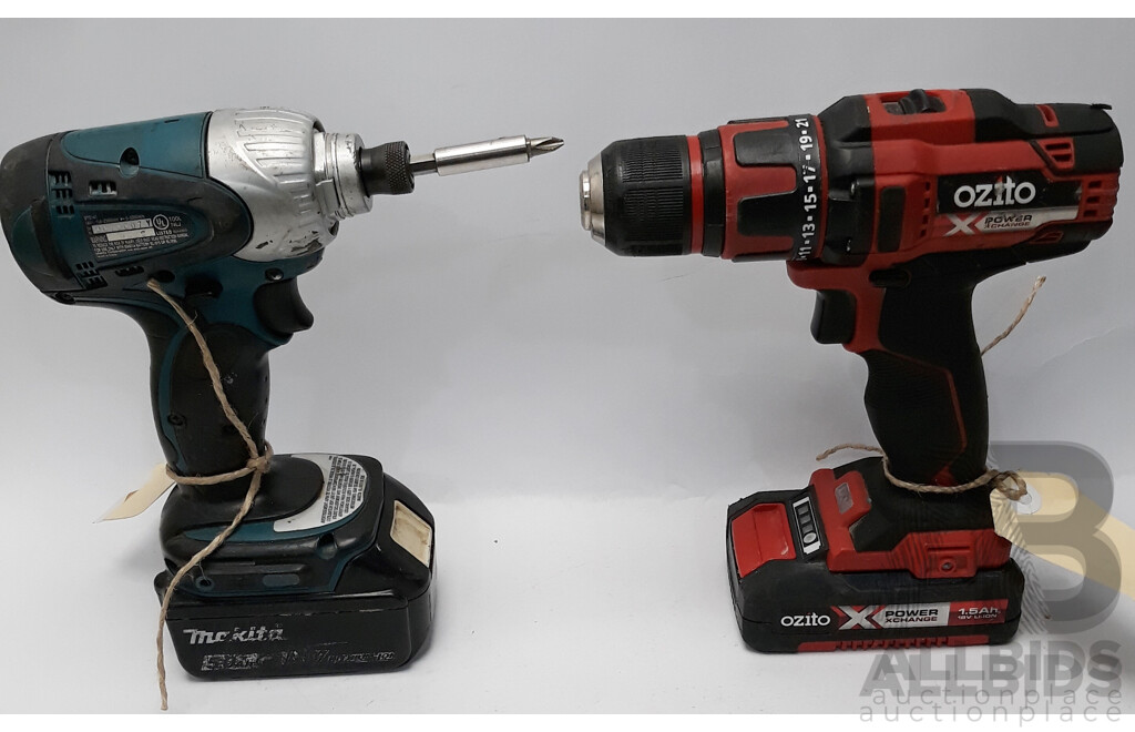 Makita 1/4 Inch Cordless Impact Driver Drill and Ozito 18V Drill Driver (Skin) - Lot of 2