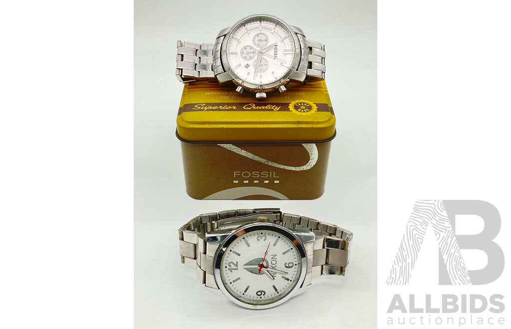 Men's Stainless Steel Fossil Chronograph Watch with Original Box and Men's Stainless Steel Nikon Watch