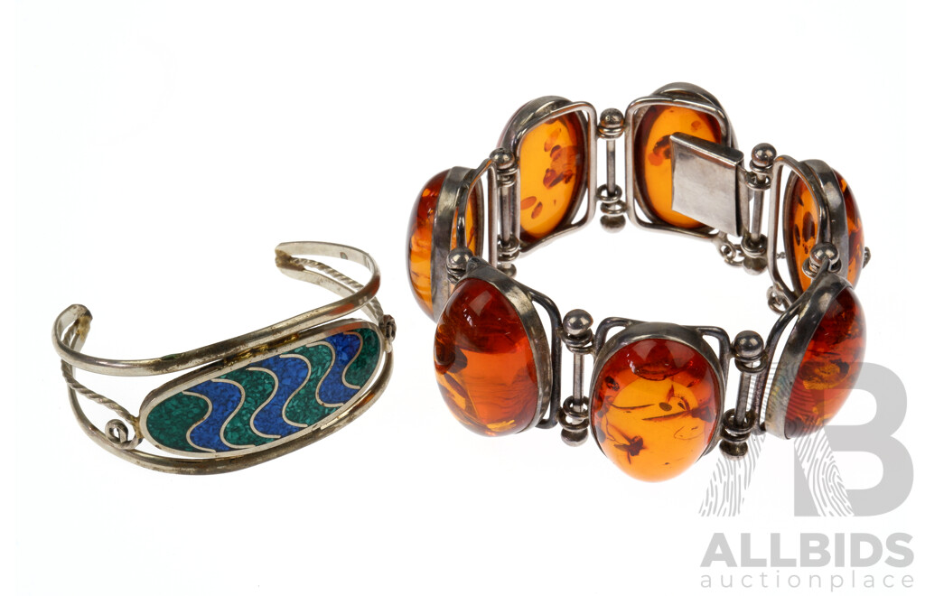 Good Mid Century 925 Silver Braclett Set with Seven Amber Cabachons Along with Mexican Alpaca Enamel Cuff Bracelett