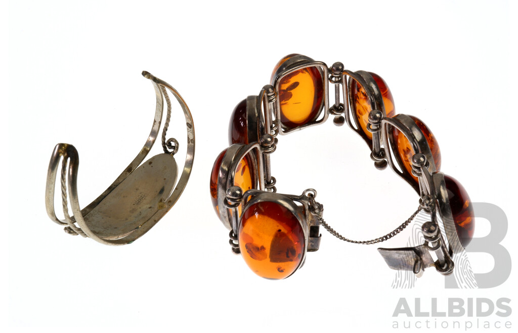 Good Mid Century 925 Silver Braclett Set with Seven Amber Cabachons Along with Mexican Alpaca Enamel Cuff Bracelett