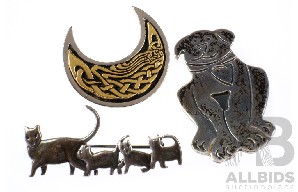 Two 925 Silver Brooches of a Doggie and Cat with Kittens Along with Metal Celtic Style Brooch
