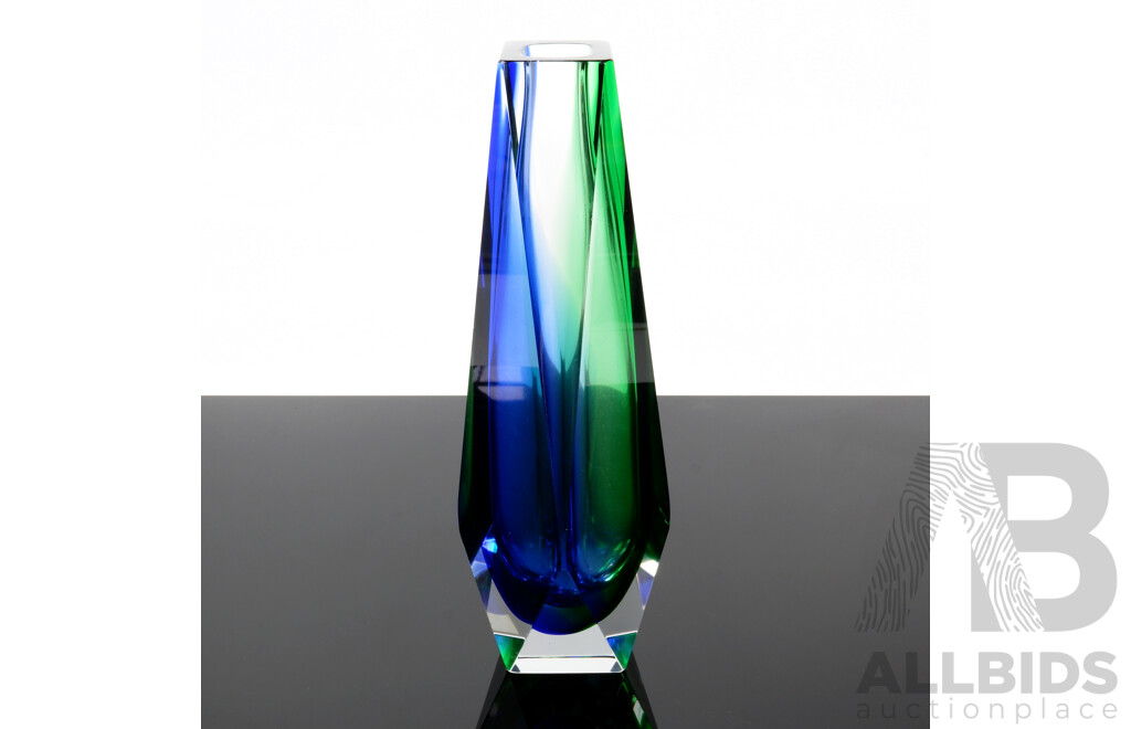 Vintage Faceted Glass Sommerso Vase with Flashes of Blue and Green