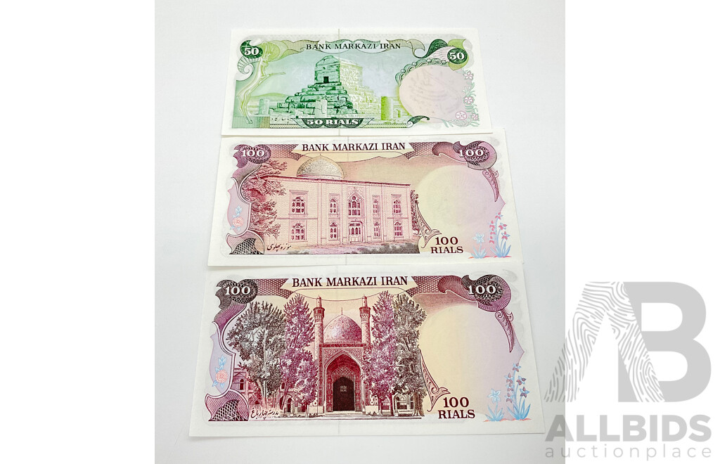 Iranian Bank Markazi Notes, 100 Rials (2) and 50 Rials