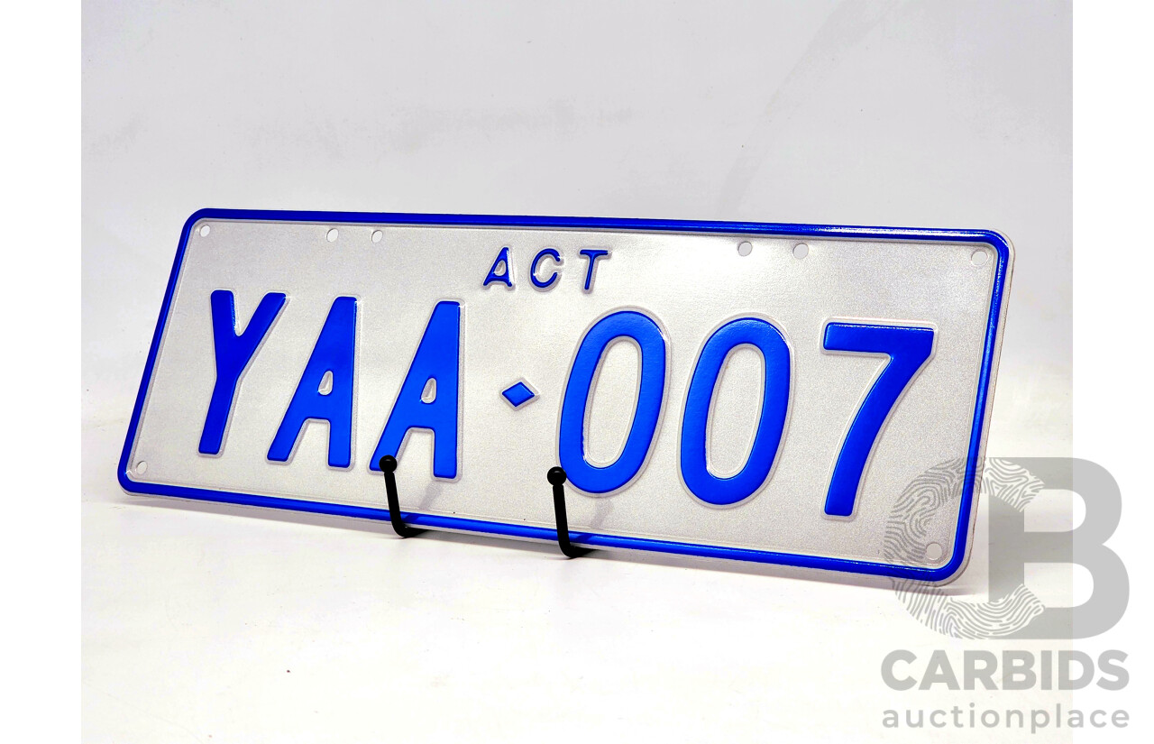 ACT Original Issue Y Plate Six Character Number Plate YAA 007