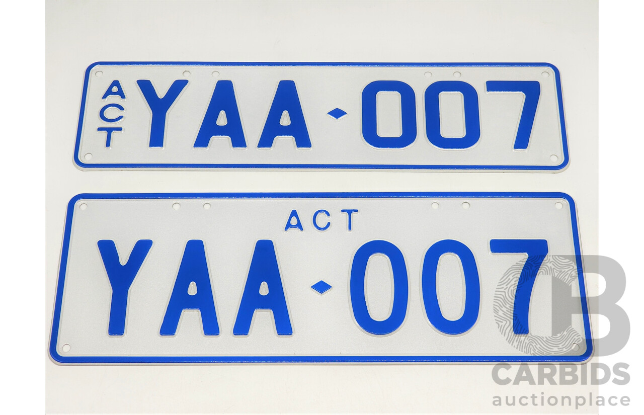 ACT Original Issue Y Plate Six Character Number Plate YAA 007