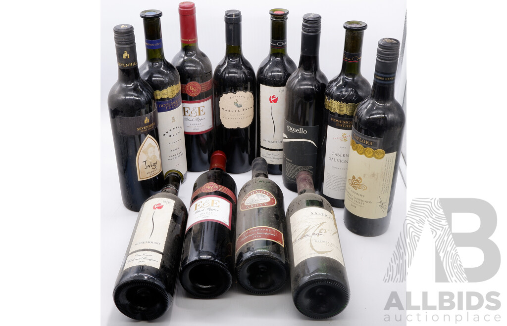 Assortment 12 Bottles of Red Wine Including Rosemount Estate Mountain Blue Shiraz1996 & E&E Black Pepper Shiraz 2006