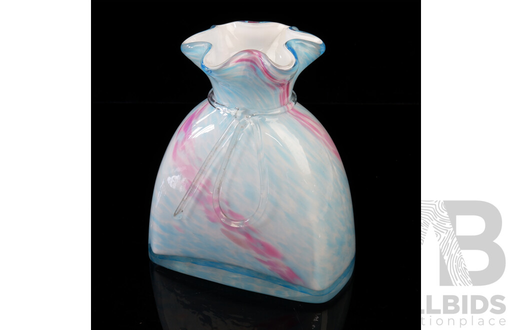 Hand Made Mottled Blue Glass Bag Vase with Ruffled Edged Top