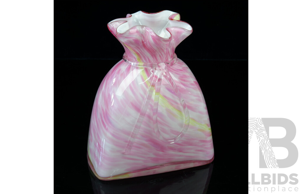 Hand Made Mottled Pink Glass Bag Vase with Ruffled Edged Top