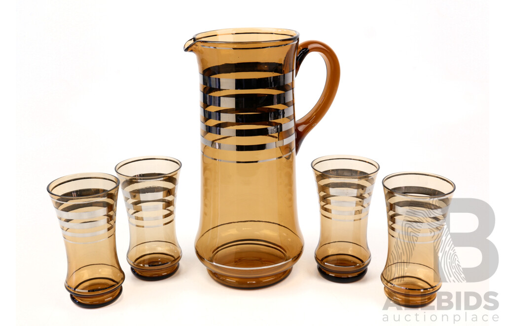 Retro Amber Glass Pitcher with Four Matching Glasses