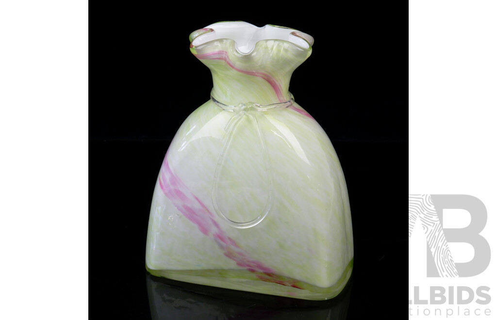 Hand Made Speckled Green Glass Bag Form Vase