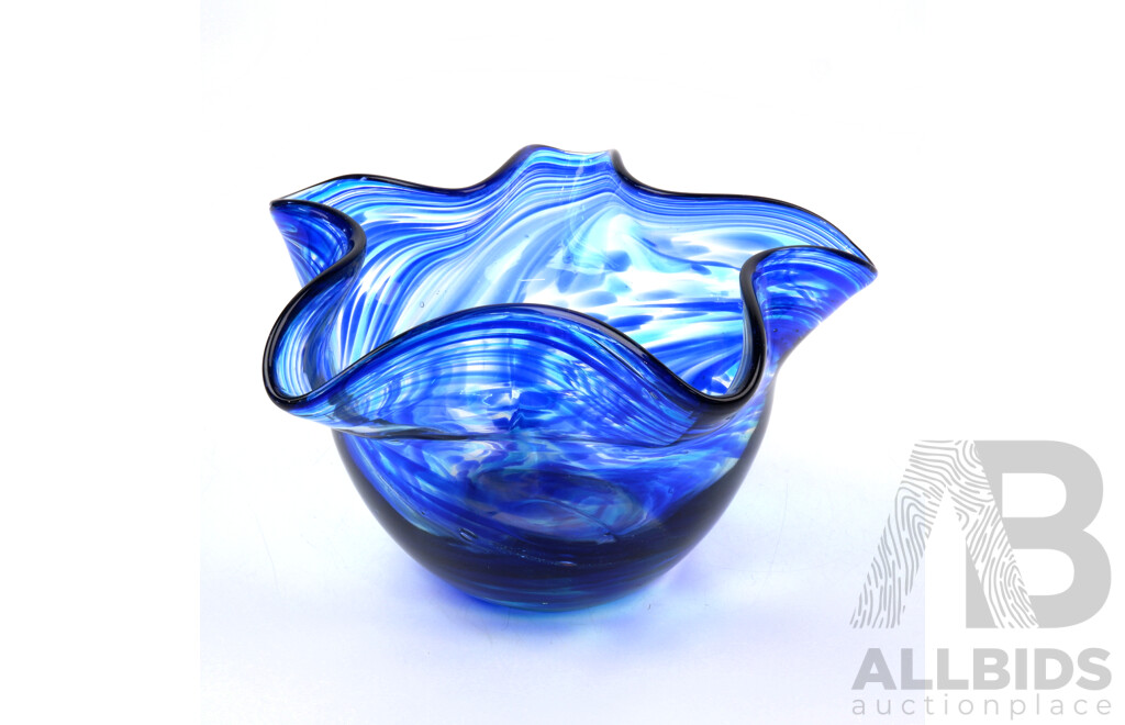 Murano Style Mottled Blue Glass Vase with Ruffled Rim
