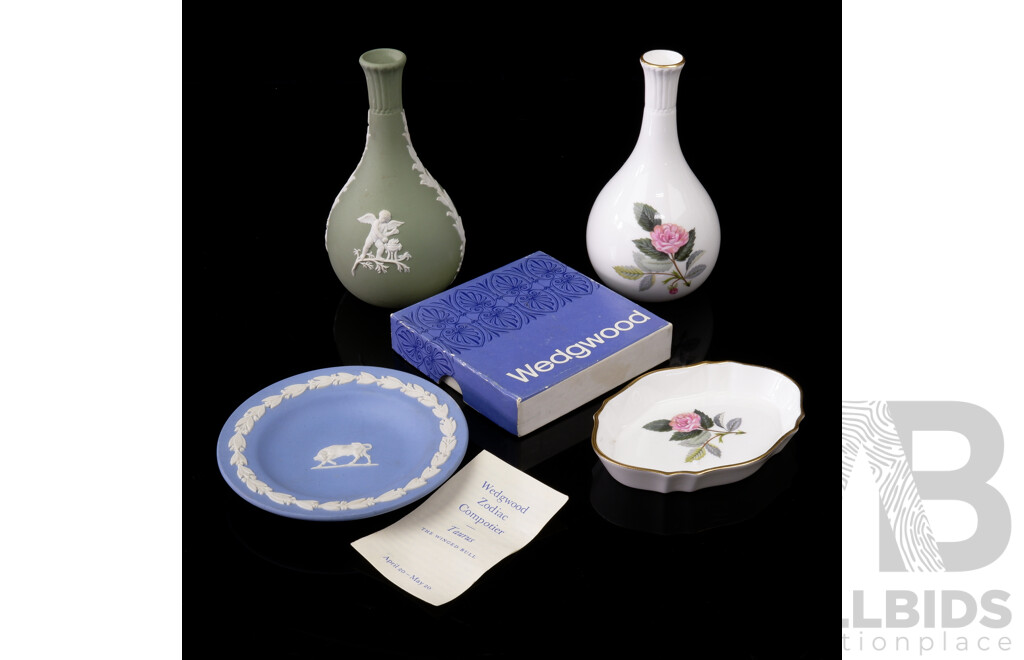 Collection Three Wedgwood Jasperware Pieces Along with Wedgwood Bud Vase in Hathaway Rose Pattern