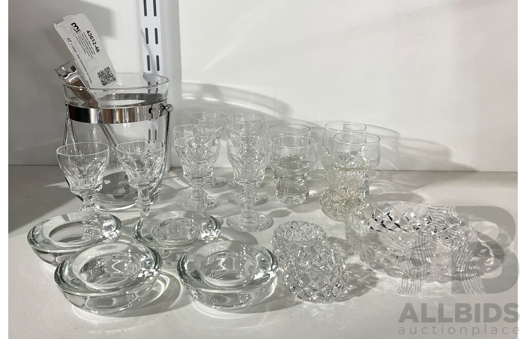 Collection Retro and Other Items Including Set Eight Crystal Norwegian Stemmed Shot Glasses, Ice Bucket and Tongs and More