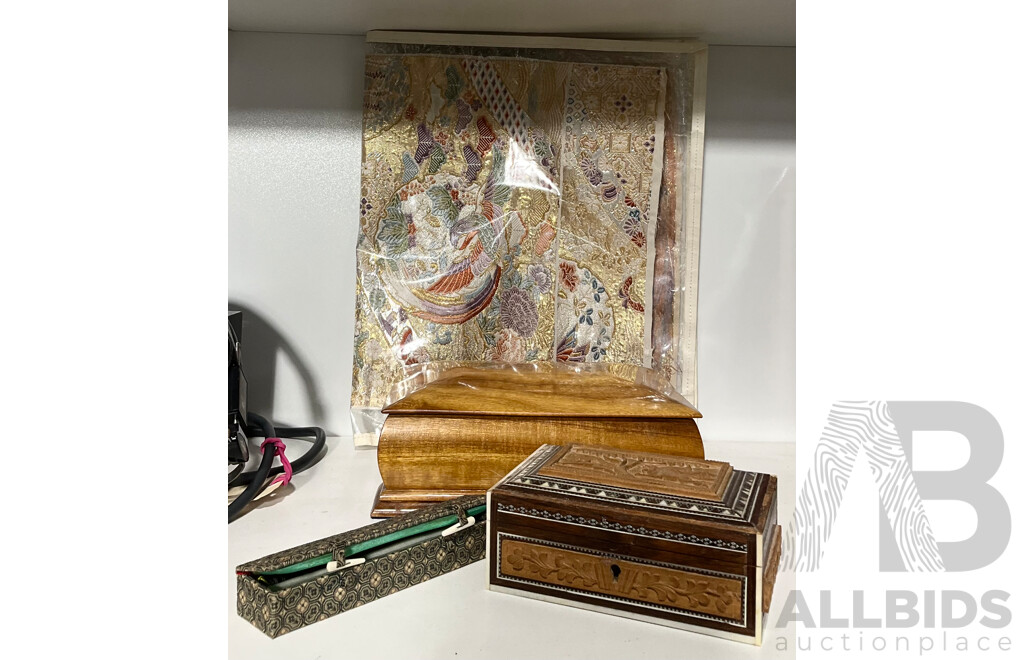 Collection Items Comprising Hand Carved Syrian Box with Key, Footed Wooden Lidded Box, Chinese Caligraphy Brush Set in Box and Geniune Japanese Sash