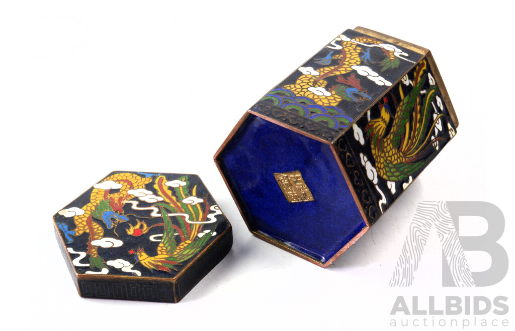 Vintage Chinese Cloisonne Hexagonal Shapped Lidded Container with Five Claw Dragon Decoration