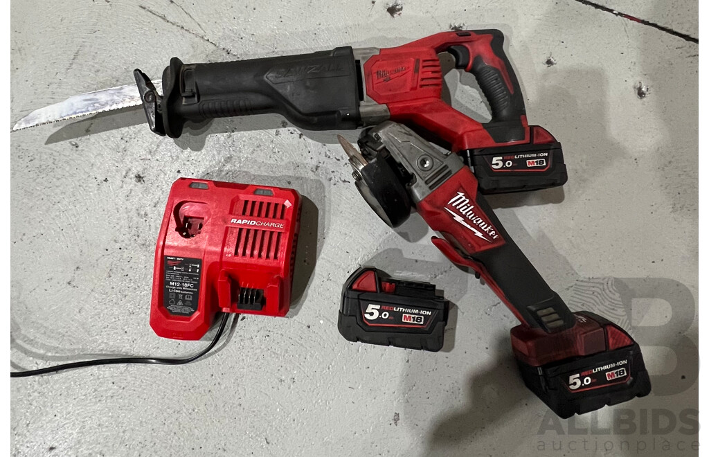 Milwaukee 18v Cordless Angle Grinder Skin, 18v Cordless Reciprocating Saw Skin, 3x 18v 5.0Ah Batteries & M12-18FC Dual Charger