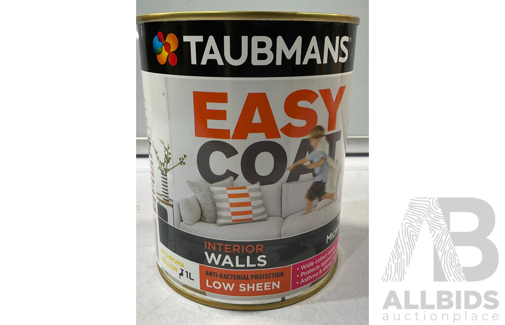 TAUBMANS Easy Coat Low Sheen HI Chroma Yellow for Interior Walls 1L - Lot of 12 -Estimated Total ORP $480.00