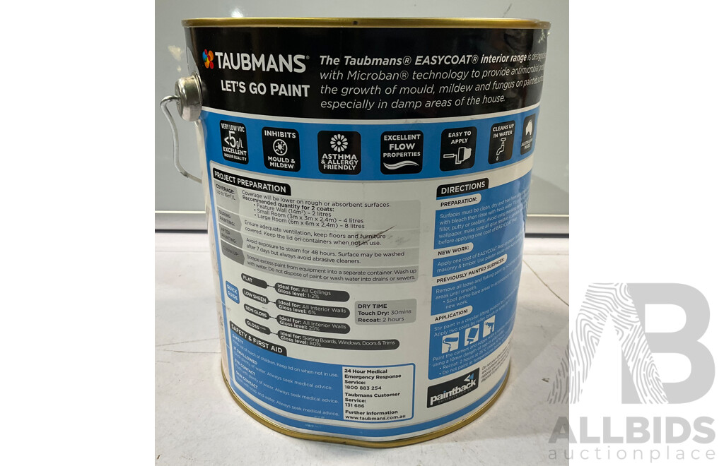 TAUBMANS Easy Coat Low Sheen White for Interior Kitchen & Bathroom 4L - Lot of 4 - Estimated Total ORP $540.00
