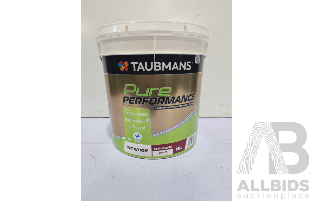 TAUBMANS Pure Perfomance Interior Semi Gloss White 15L - LOT of 2 - Approximate ORP$396