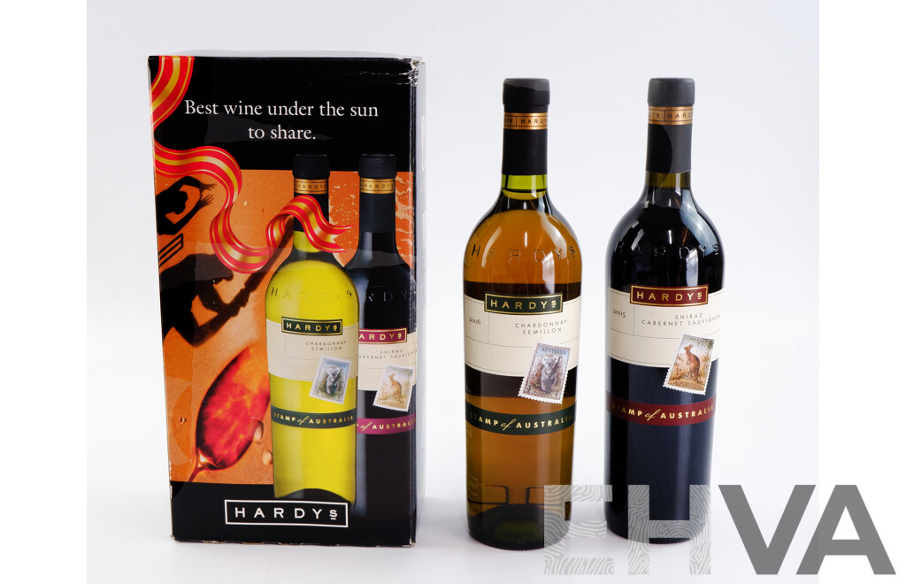 Hardys Shiraz Cabernet Sauvignon 2005 & Chardonnay Semillon 2006, Both 750ml Bottles in the Stamps of Australia Series