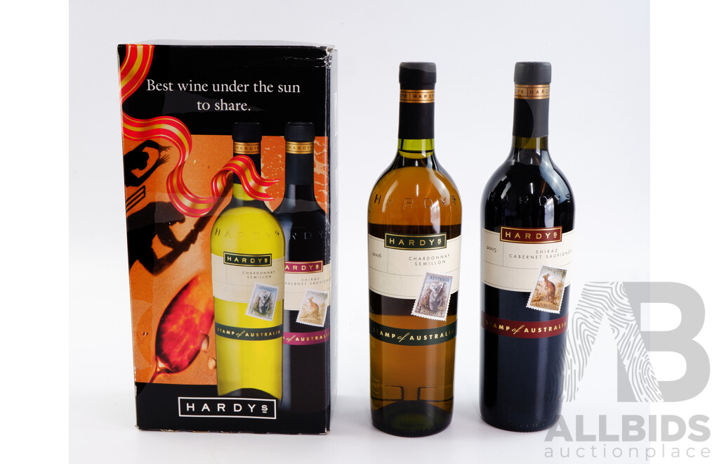 Hardys Shiraz Cabernet Sauvignon 2005 & Chardonnay Semillon 2006, Both 750ml Bottles in the Stamps of Australia Series