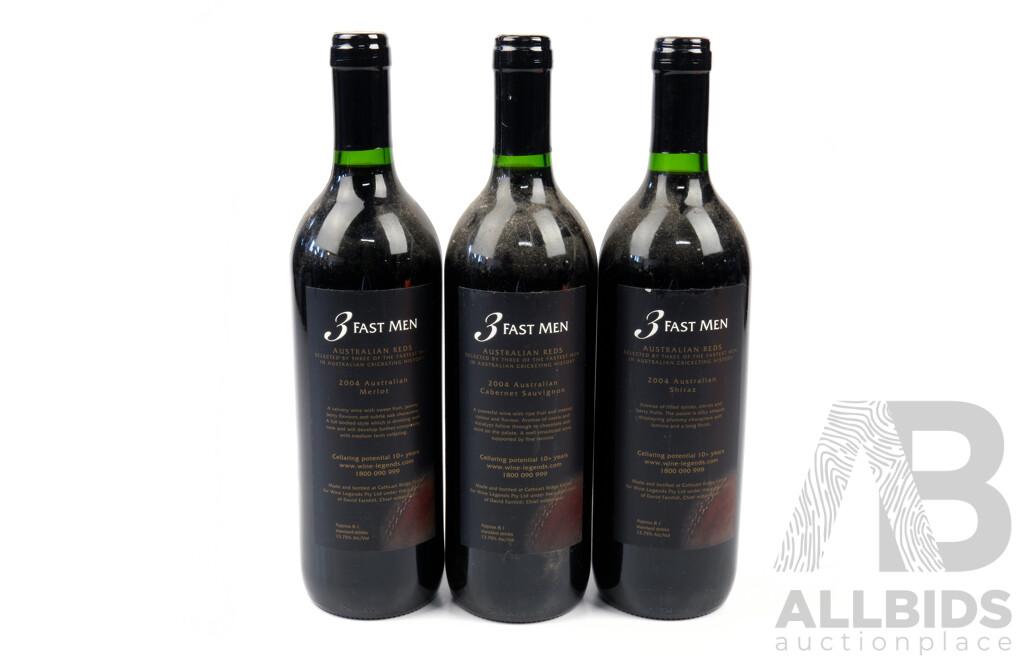 3 Fast Men by Cathcart Ridge Estate, Jeff Thompson, Dennis Lilley & Rodney Hogg, 2004 Merlot, Shiraz & Cabernet Sauvignon, 3 X 750ml Bottles in Presentation Bag