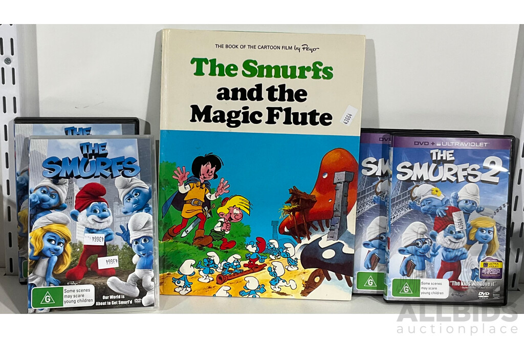 Quantity of Smurfs Including Papa Smurf, the Smurfs and the Magic Flute Book, Woolworths Figurines and More