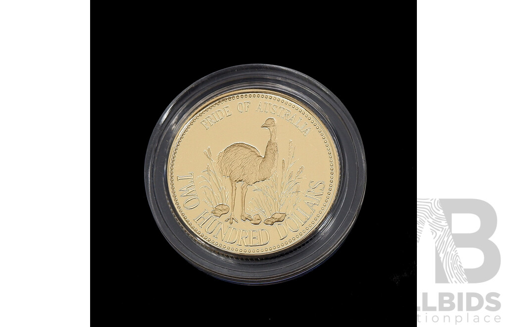 RAM 1991 22ct Gold $200 the Pride of Australia Proof Coin, Emu No 8209