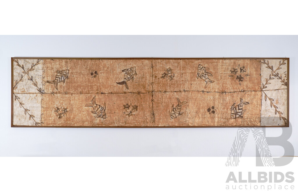 Framed Tapa Cloth from Vanuatu featuring Fish and Sealife, 87 x 362 cm