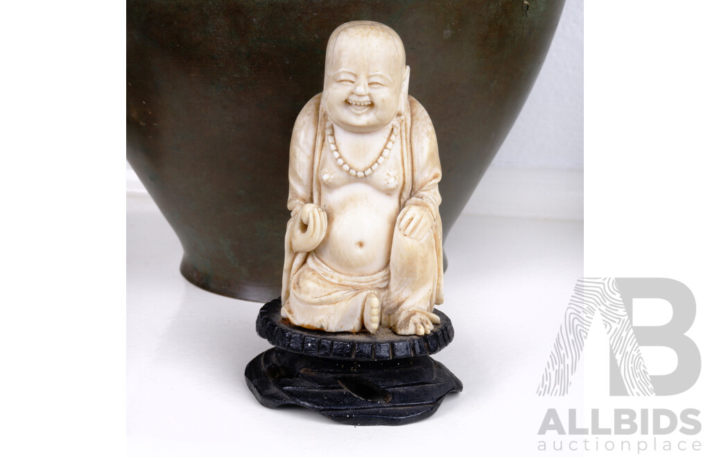 Antique Carved Ivory Laughing Buddha Fixed to Stand