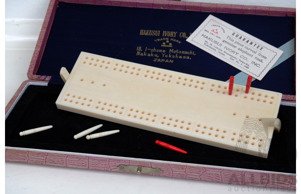 Fabulous Early to Mid 20th Century Japanese Carved Ivory Cribbage Board with Six Markers, Made by Hakusui Ivory Co