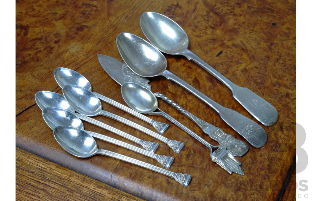 Collection of Sterling Silver Teaspoons, Napkin Rings, and a Butter Knife, Including Georgian, Victorian and Six Rodd Examples, (12), 106g