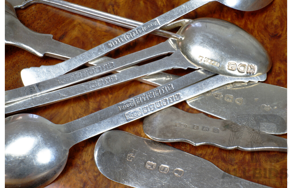 Collection of Sterling Silver Teaspoons, Napkin Rings, and a Butter Knife, Including Georgian, Victorian and Six Rodd Examples, (12), 106g