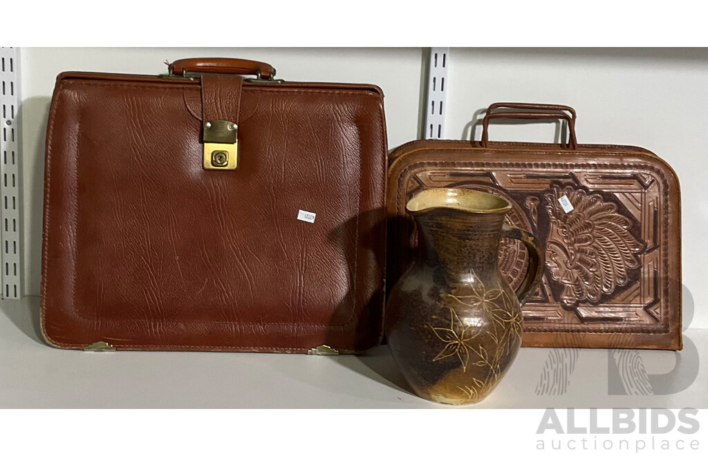 Two Vintage Leather Cases with a Glazed Potted  Jug