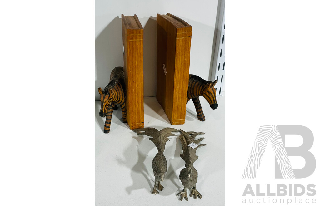 Pair of Heavy Carved Wood Zebra Book Ends and Pair of Metal Peacock Figurines