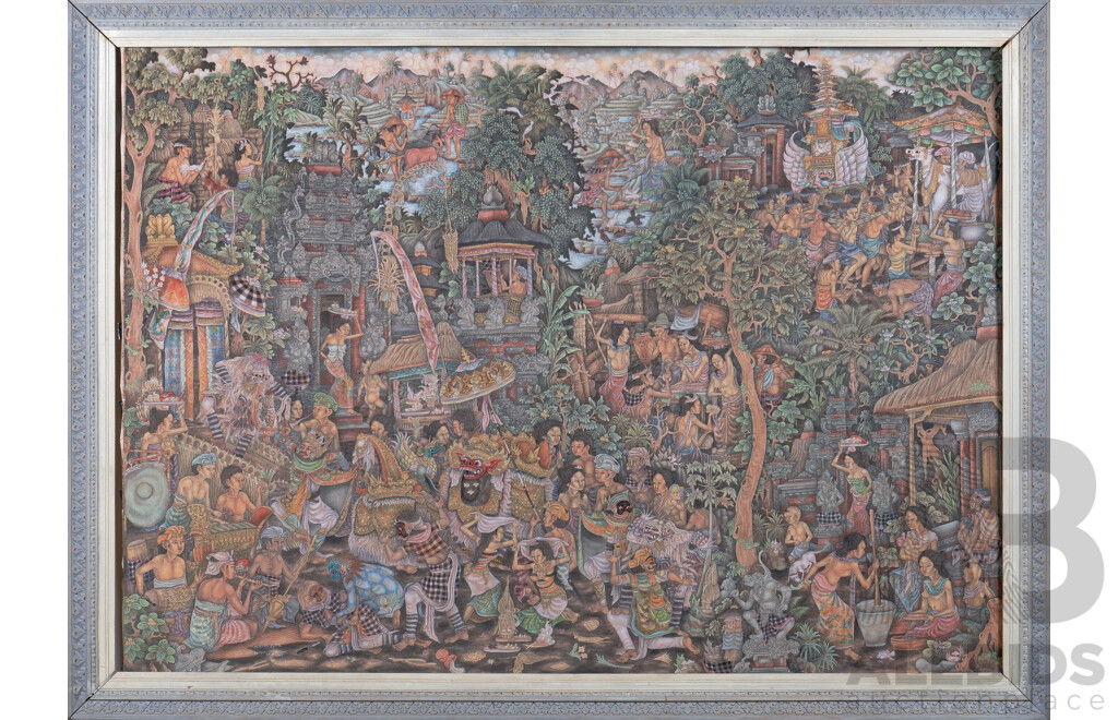 Wayan Suya (20th Century, Balinese), Ubud Village Scene, Gouache on Canvas, 93 x 133 cm