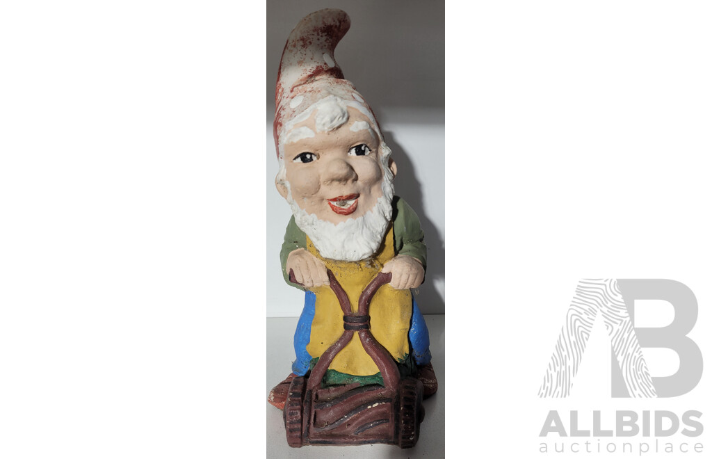 Retro Garden Gnome with Push Mower