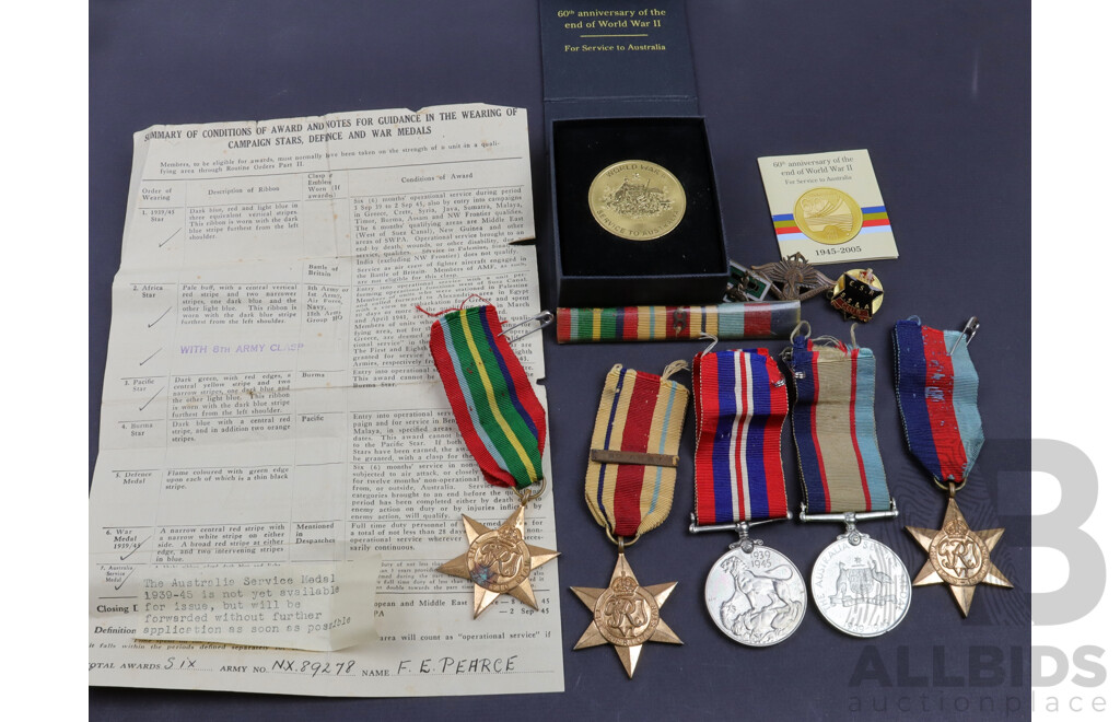 Australian WW2 Medals Including The Africa Star, The Pacific Star, 1939-1945 Star, Australia Service Medal, War Medal 1939-1945, Returned From Active Service, All with Army Issue Certificate and DVA 60th Anniversary of the End of WW2 Medal